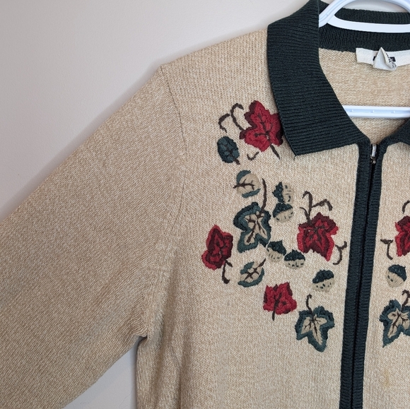 ALIA Zip up Cream Green Leaf Embroidered Sweater Women Medium Grandma Knit - Picture 7 of 11